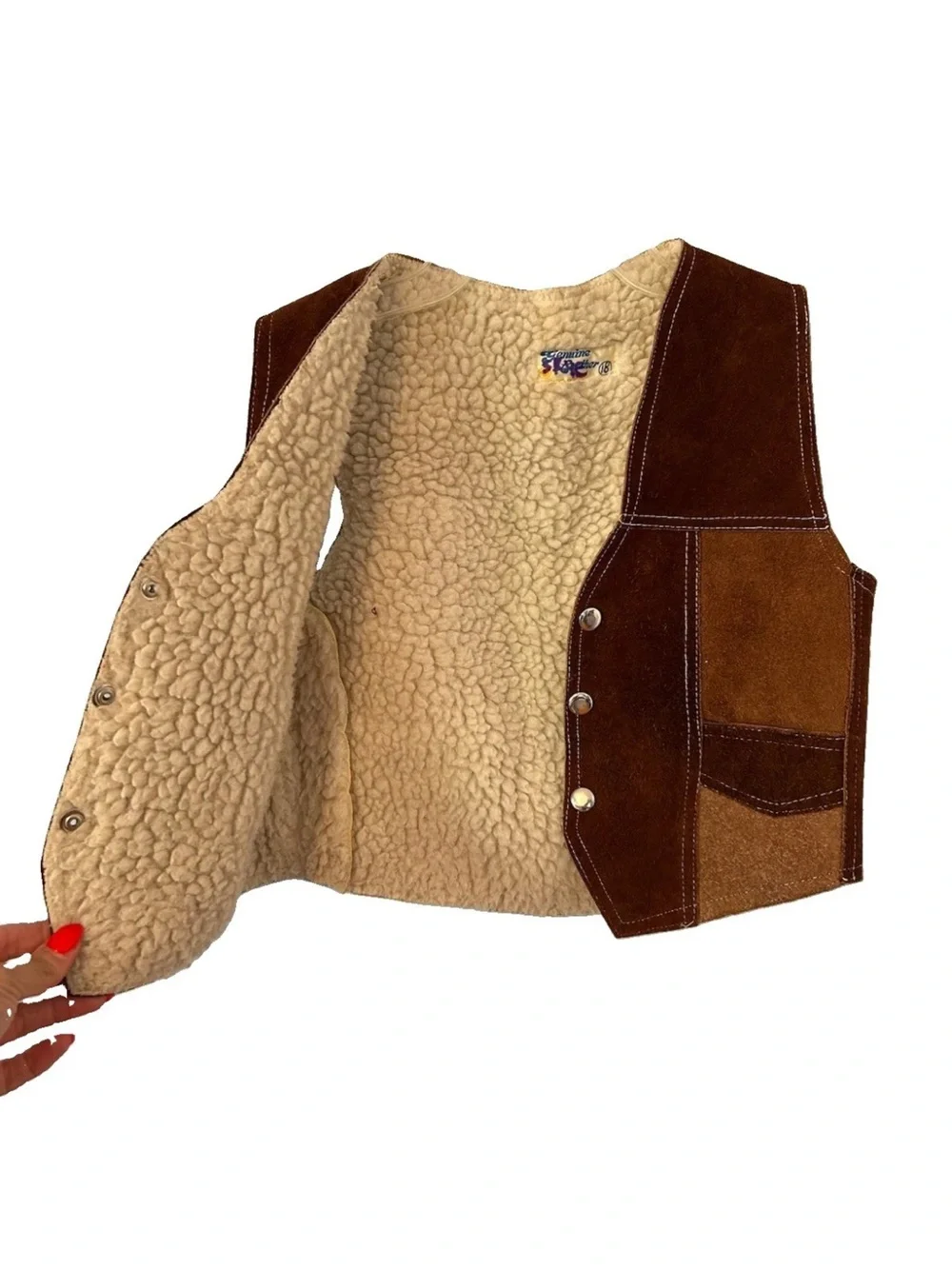 Vintage 70s Kids Suede Leather Sherpa Vest Western Patchwork Mexico Sz 18 M/L